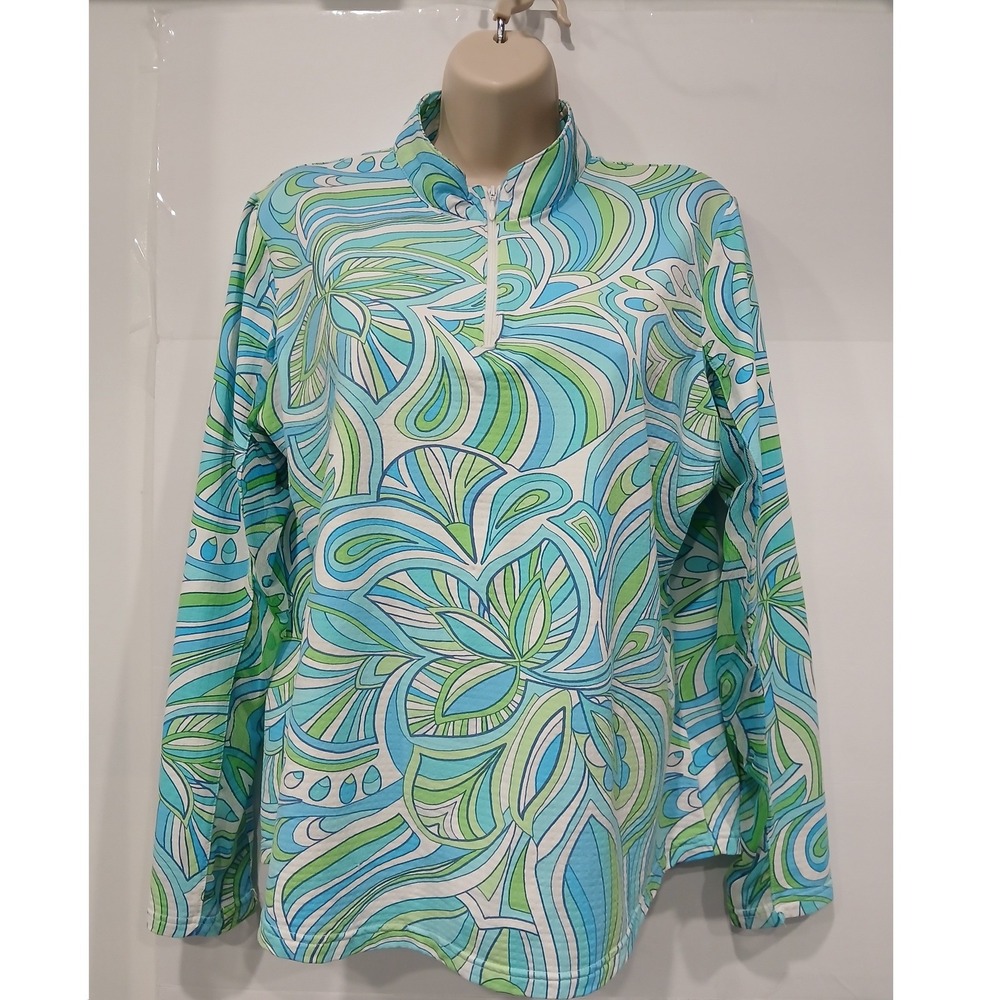 Icikuls Womens Mock Neck Quarter Zip Long Sleeve Top Blue Green Abstract‎ Large